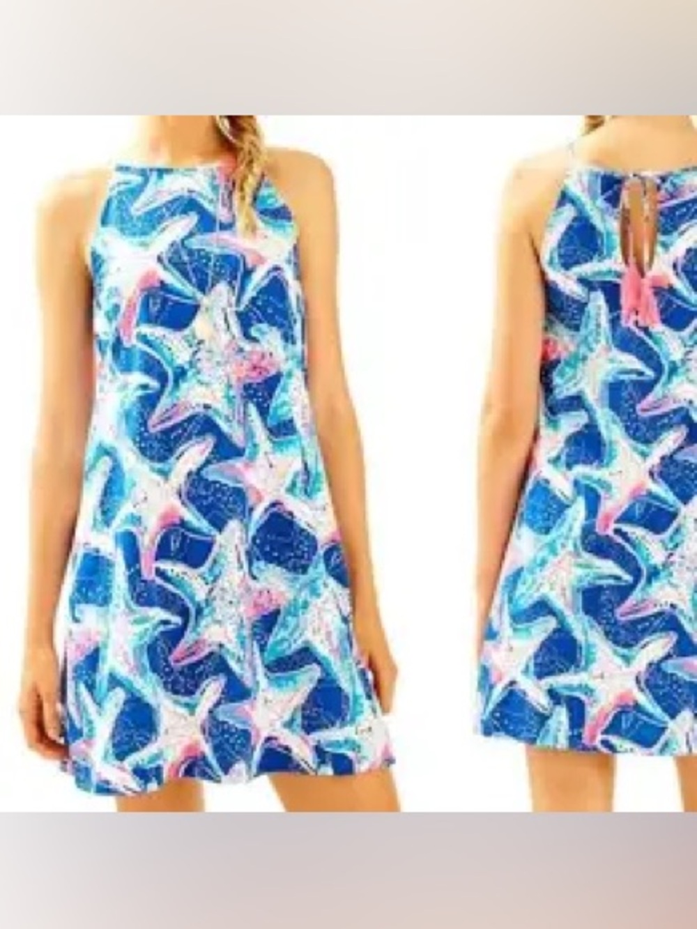 Lilly Pulitzer Starfish Print Halter Swing Dress Blue Pink Size XS